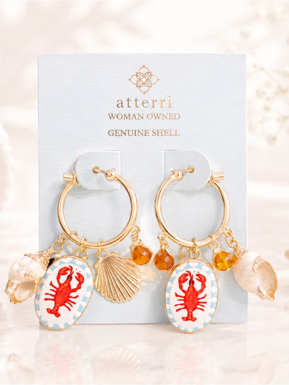 Atterri Gold Hoop Dangle Earrings Red Lobster Genuine Shell Charms Rhinestone